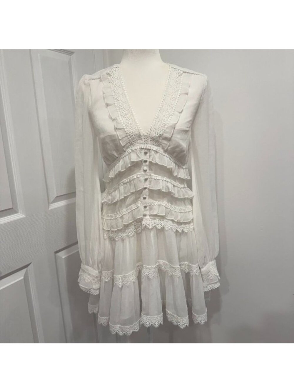 AllSaints Romantic White Lace Tiered Ruffle Mini Dress Size 4 NWOT Coquette Cott
